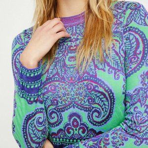 Free People Sweater Size Medium M New Age Paisley Crew Neck Green Purple